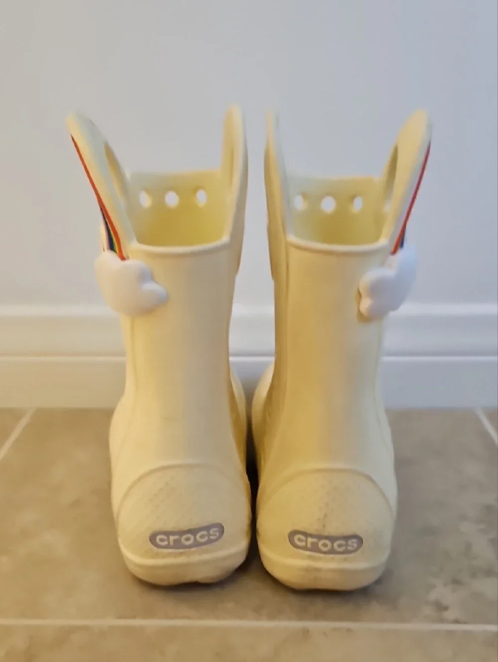 CROCS Kids Cream Rain Boots with Rainbow Charm